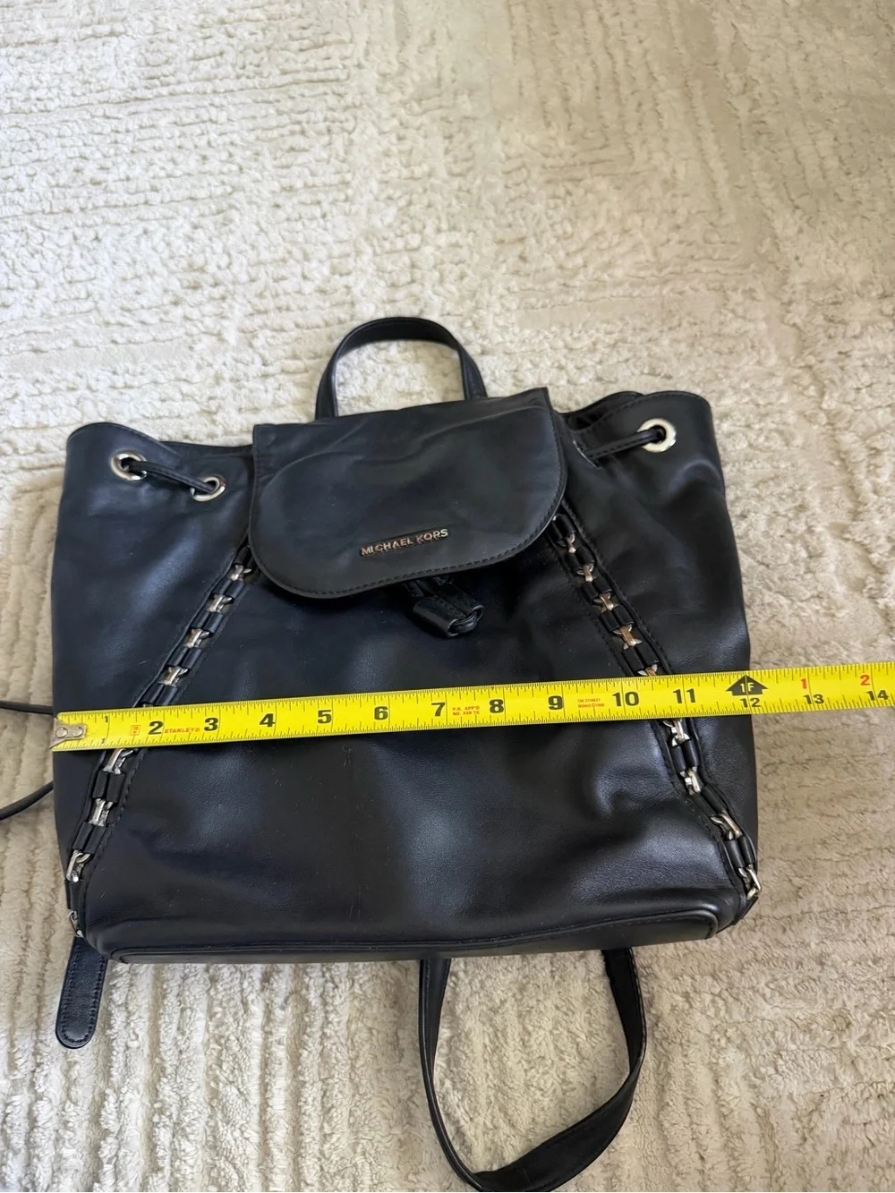 Michael Kors Black Leather Chain-Trim Drawstring Backpack